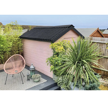 Trädgårdsvy med skjul, växter och sittplats