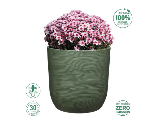 Blomkruka med rosa blommande växt, återvinningsbar, temperaturbeständig och med 30 års erfarenhet