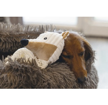 Tax sover med leksak i en mjuk hundbädd