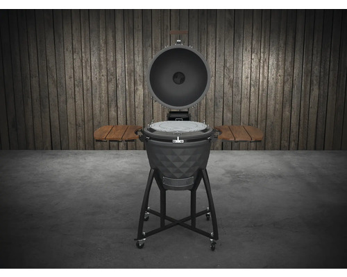 Keramisk grill med öppet lock och sidobord