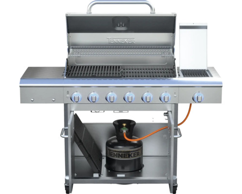 Tenkeker gasolgrill med öppen huv och gasflaska