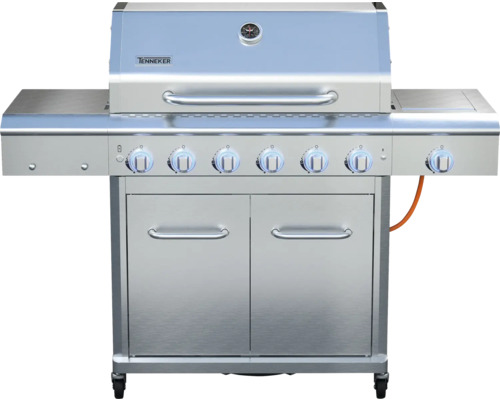 Gasolgrill i rostfritt stål med sex brännare, sidobord och underskåp