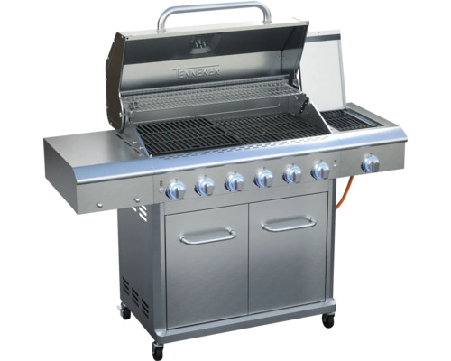 Gasolgrill i rostfritt stål med sex brännare, förvaringsytor och underskåp