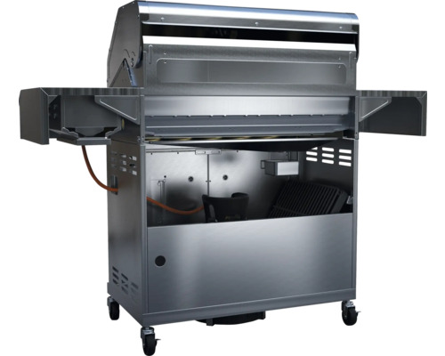 Gasolgrill i rostfritt stål med hjul och förvaringsutrymmen
