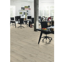 Ljust kontorsutrymme med trägolv, skrivbord och kontorsstolar.