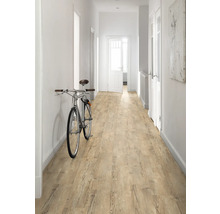 Hall med ljust trägolv och cykel