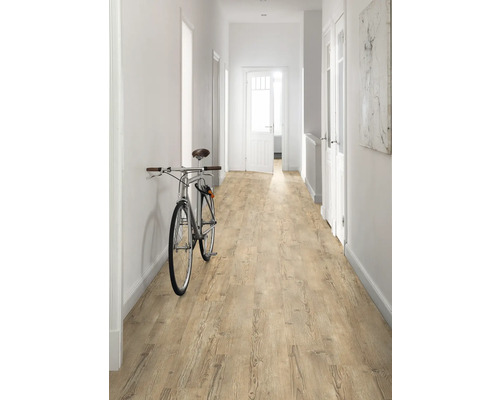 Hall med ljust trägolv och cykel