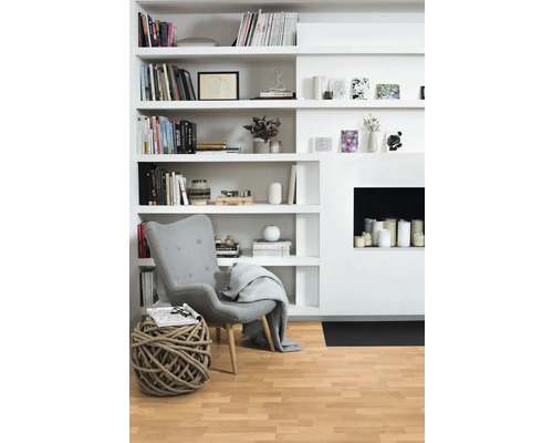 Vardagsrum med bokhylla, fåtölj och dekoration