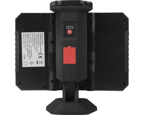 Baksida av en bärbar LED-arbetsplatslampa med information om effekt, batteri och tillverkare.