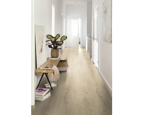 Hall med ljust laminatgolv, bänk, växt och dekorationer