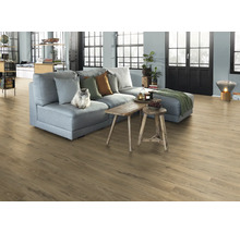 Vardagsrum med grå soffa, trägolv och katt