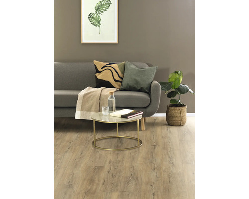 Vardagsrum med grå soffa, kuddar, filt, bord, krukväxt och ljust trägolv