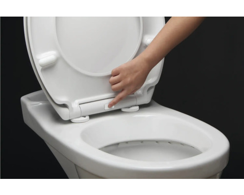 Hand trycker på en knapp på en toalettsits