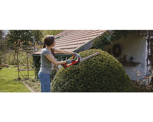 Kvinna beskär häck med en häcksax i trädgården.