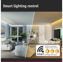 Två vardagsrum med olika belysning, styrda av Zigbee Smart Lighting Control.