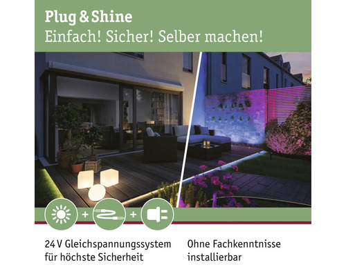 Plug and Shine belysningssystem för utomhusbruk, lätt att installera med säker 24 volts likspänning.