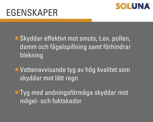Soluna egenskaper: Skydd mot smuts, vattenavvisande tyg, ventilerande tyg.