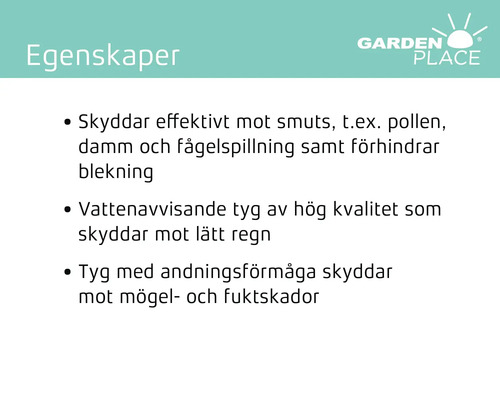 Produktens egenskaper: skydd mot smuts, vattenavvisande material, andningsbart tyg för att skydda mot mögel och fukt