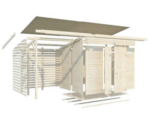 Sprängskiss av ett trädgårdshus i trä med tak och dörr