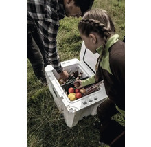 Personer som griper tag i en kylbox med drycker och mat utomhus