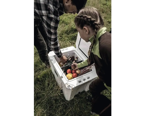 Personer som griper tag i en kylbox med drycker och mat utomhus