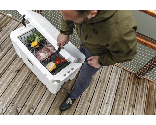 Öppen kylbox med matvaror och person på träterrass