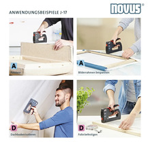 Användningsexempel för Novus J-17 handtacker: Klädsel, spänning av bildramar, isolering av vind och fastsättning av folie.