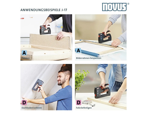 Användningsexempel för Novus J-17 handtacker: Klädsel, spänning av bildramar, isolering av vind och fastsättning av folie.