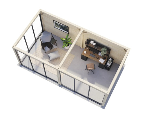 Interiör av ett modernt trädgårdshus med kontorsområde och sittgrupp