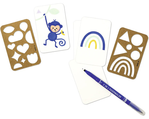 Hantverkset med pennor, schabloner och motiv på papper för kreativa projekt.