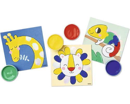 Färgset med motiv för att färglägga djur, inklusive en giraff, ett lejon och en kameleont, med färgburkar