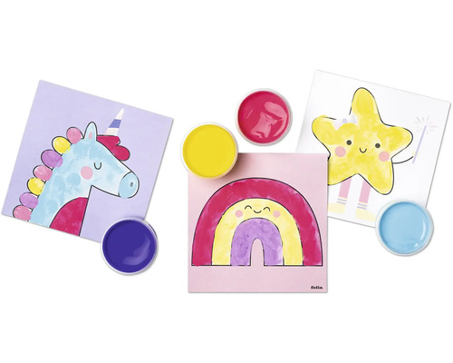 Färger och motiv att måla med enhörning, regnbåge och stjärna