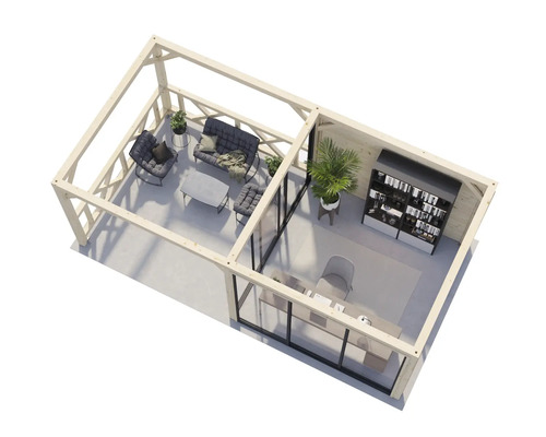 Ljust trädgårdshus med terrass, sittmöbler och kontorsinredning