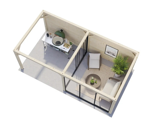 Modern trädgårdslounge med grillplats och sittgrupp