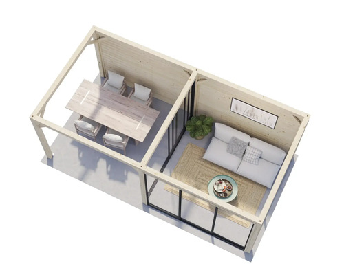 Översikt över lusthus med matplats och vardagsrum