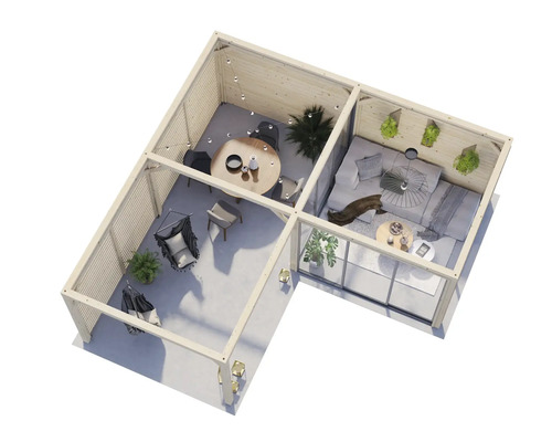 L-format paviljong med sittgrupp, matbord och hängande korgar