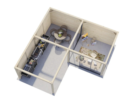 Interiörbild av ett trädgårdshus med kök, matplats och arbetsrum.