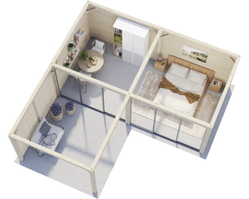 Interiörbild av ett trädgårdshus i trä med sovdel, vardagsrum och matplats