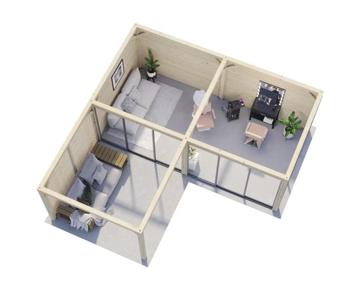 Illustration av ett modernt trädgårdshus med vardagsrum och salong