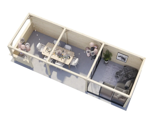 Interiörbild av ett trädgårdshus i trä med matplats och vardagsrum