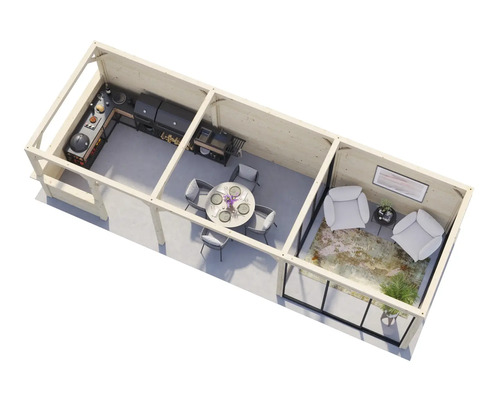 Översikt över en trädgårdspaviljong i trä med kök, matplats och sittgrupp