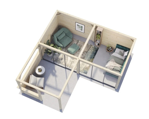 Översikt över ett trähus med vardagsrum, sovrum och terrass