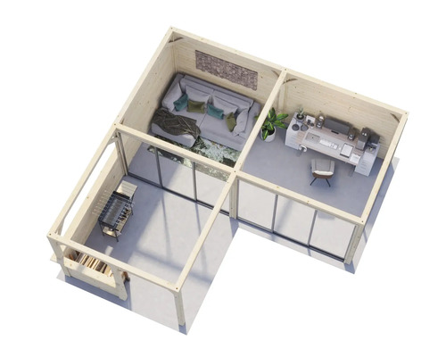 Illustration av ett trädgårdshus med vardagsrum, grillplats och kontor