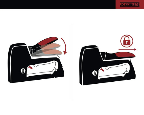 Illustration av en häftpistols säkerhetsfunktion. Låssymbolen indikerar ett låst läge.