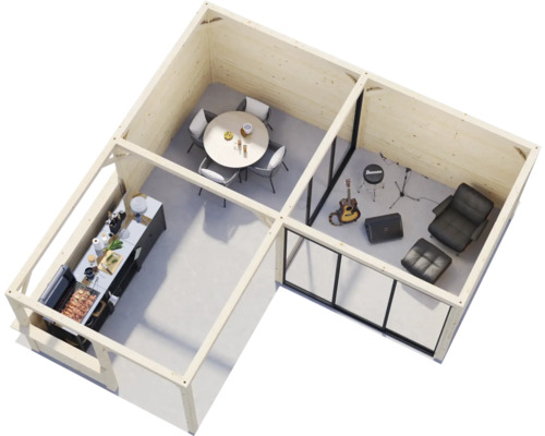 Interiör av ett trädgårdshus med kök, matplats och musikrum