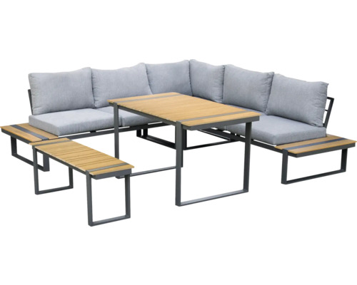 Trädgårdsmöbelset med bord, hörnsoffa och sittbänk med grå dynor