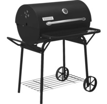 Svart kolgrill med förvaringsutrymme och hjul