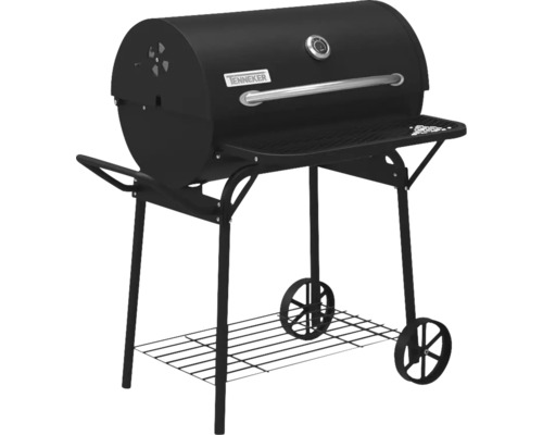 Svart kolgrill med förvaringsutrymme och hjul