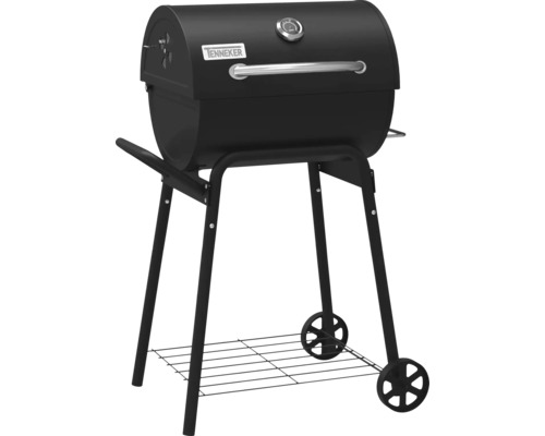 Svart kolgrill med hjul och termometer