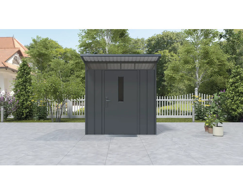 Metallförråd med dörr och fönster för trädgården